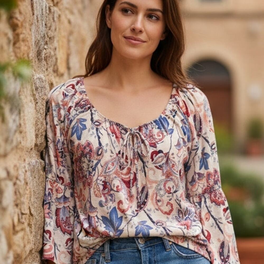 Naif Floral Peasant Top Womens Large Multicolor Bell Sleeves Boho Fairy Blouse